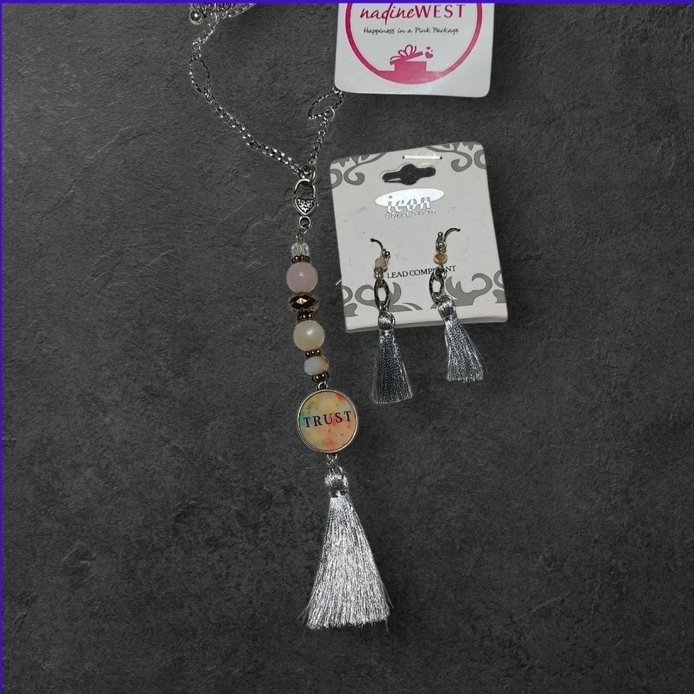 NWT icon For Nadine West Silver Bead TRUST Tassel Necklace Earring Set ~25"